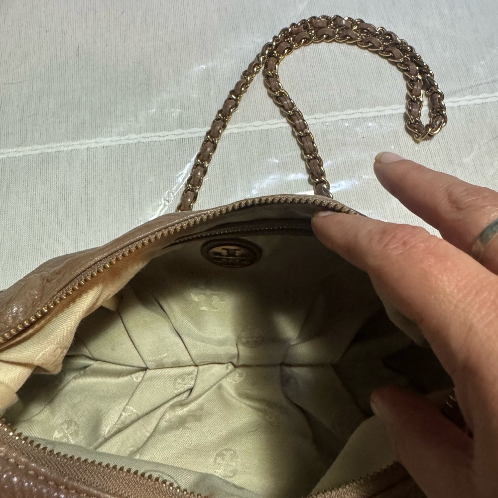 Tory Burch Taupe Brown Pebbled Leather Shoulder Bag with Braided Chain Strap - Picture 7 of 9